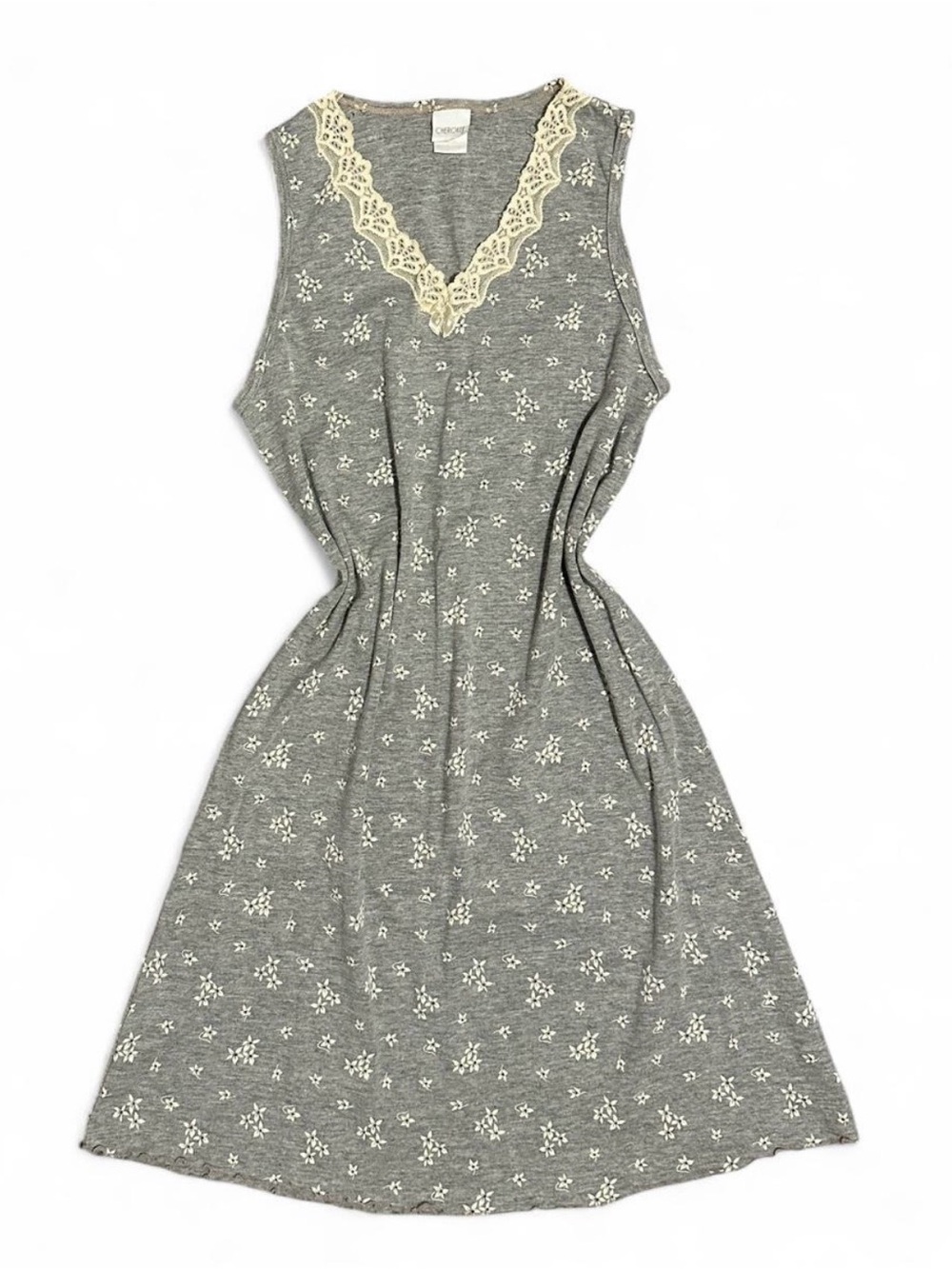 Women’s 2004 Cherokee Grey Floral Sleeveless Nightgown Lace and Ruffle Accents S